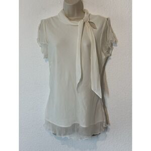 Worthington Short Flutter Sleeve Tie Neck Silk Blouse Off White Size 6 Dainty